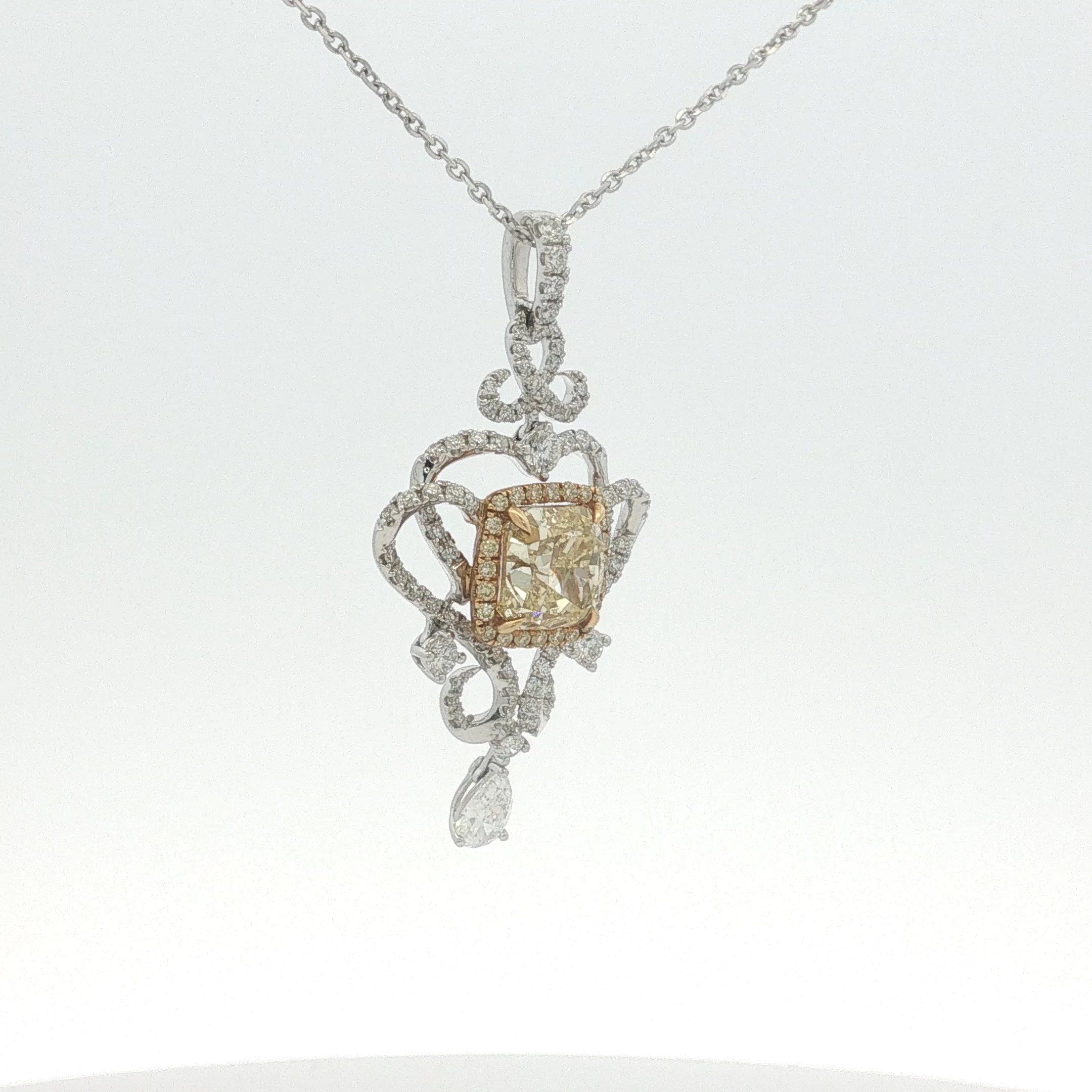 Fancy Yellow Diamond Ornate Scrollwork Pendant — White Gold