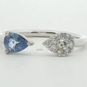 Pear Sapphire and Diamond Cluster Open Ring in White Gold