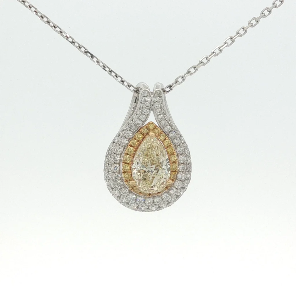 Pear-Shaped Fancy Yellow Diamond Double Halo Pendant Necklace