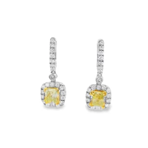 White Gold Dangle Earrings with Cushion-Cut Fancy Yellow Diamonds