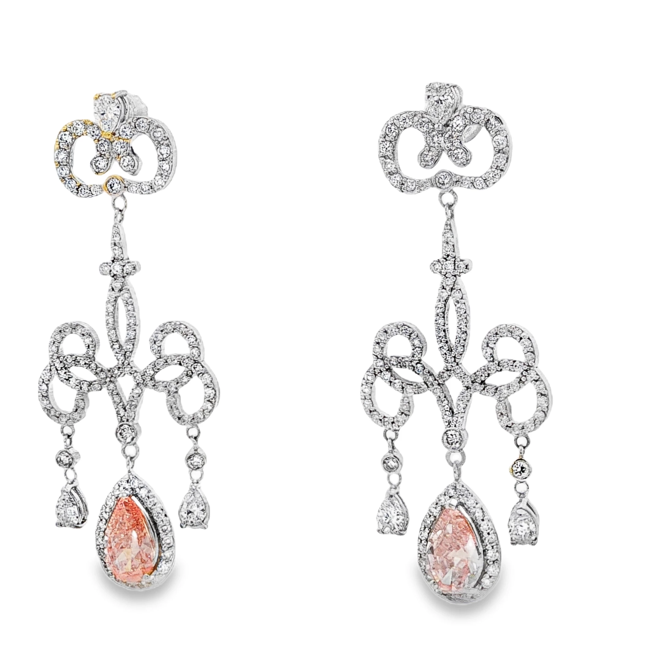 White Gold Dangle Earrings with Fancy Pink Pear Cut natural sapphire and natural diamonds