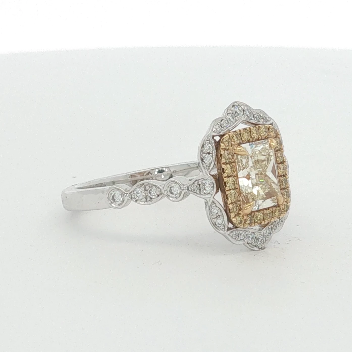 White Gold Fancy Yellow Diamond Scalloped Halo Engagement Ring