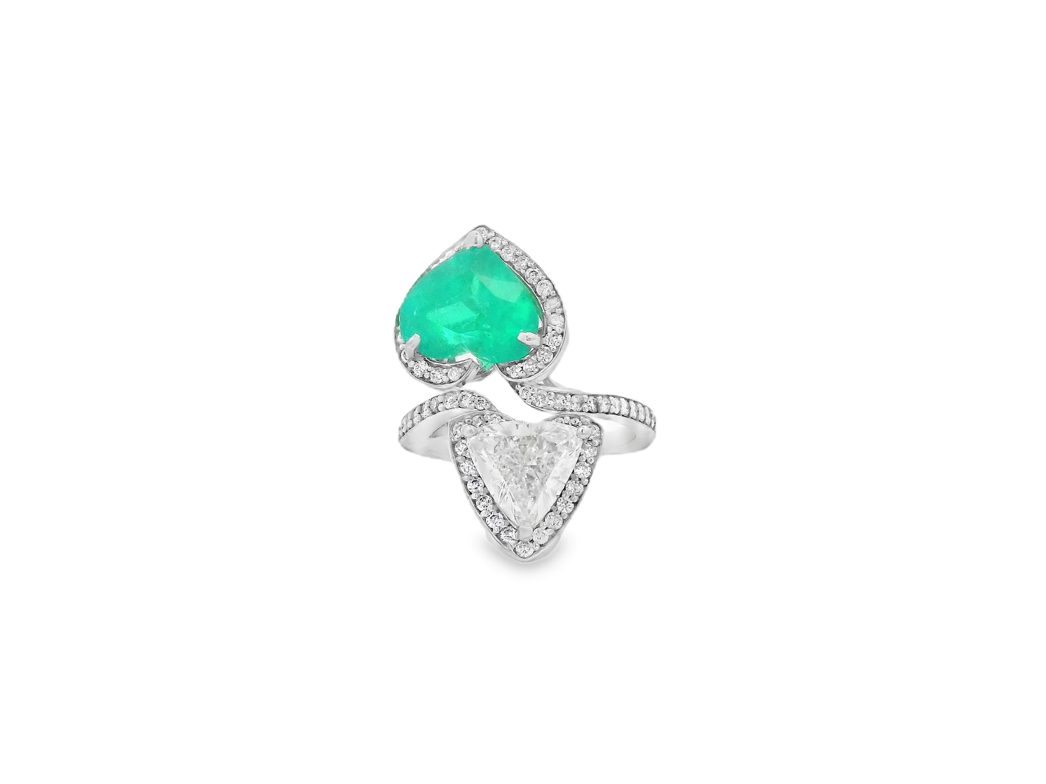 White Gold Ring with Emerald Heart and Trillion Diamond