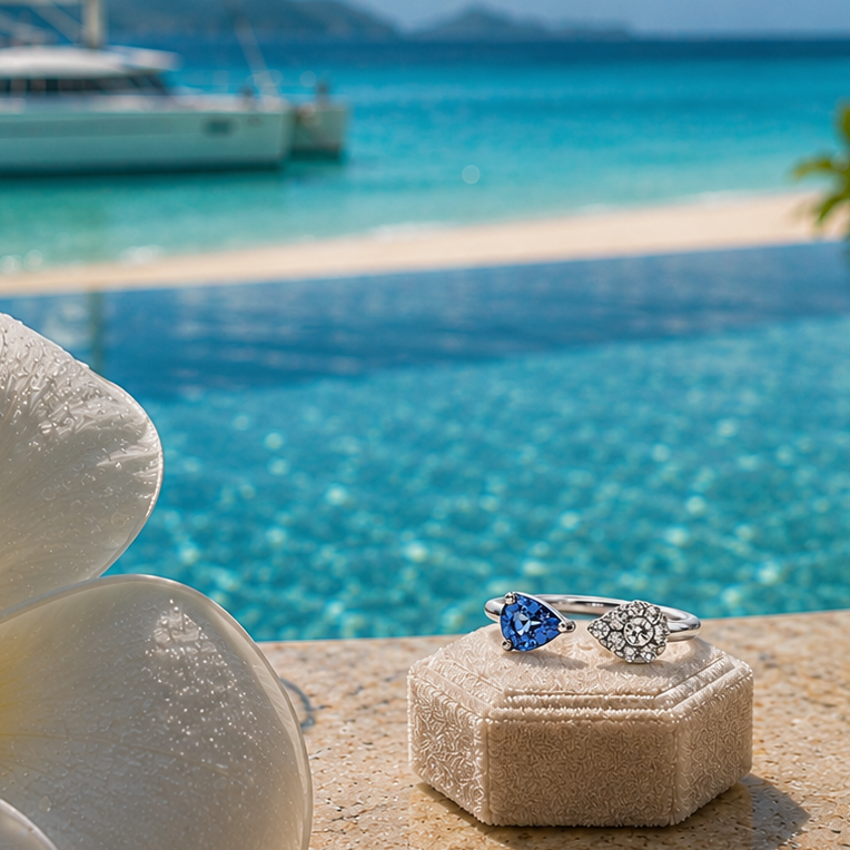 Honeymoon jewelry featuring a sapphire and diamond ring beside a tropical pool and ocean