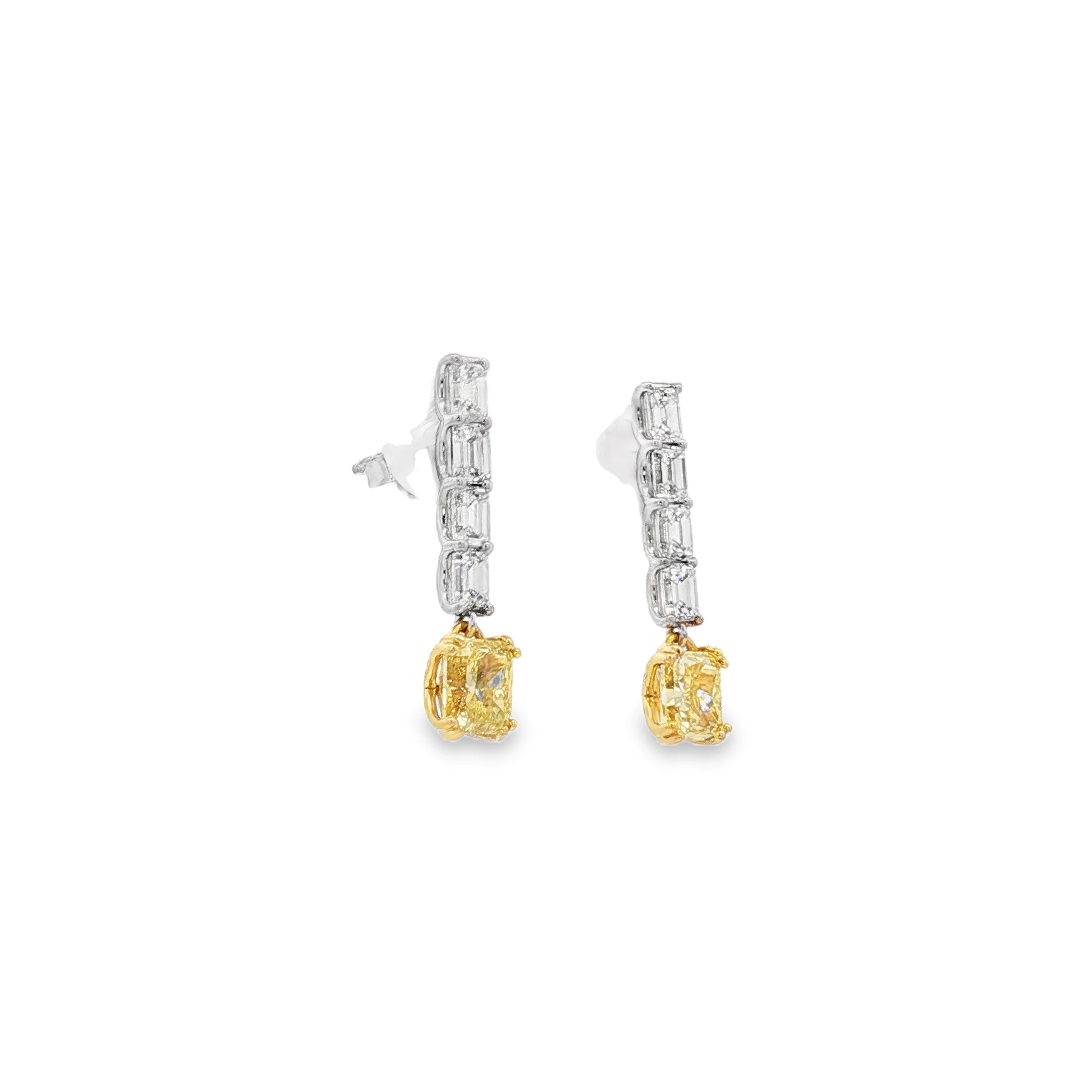 matching set of Fancy Intense Yellow Cushion Cut Diamond Dangle Earrings in White Gold