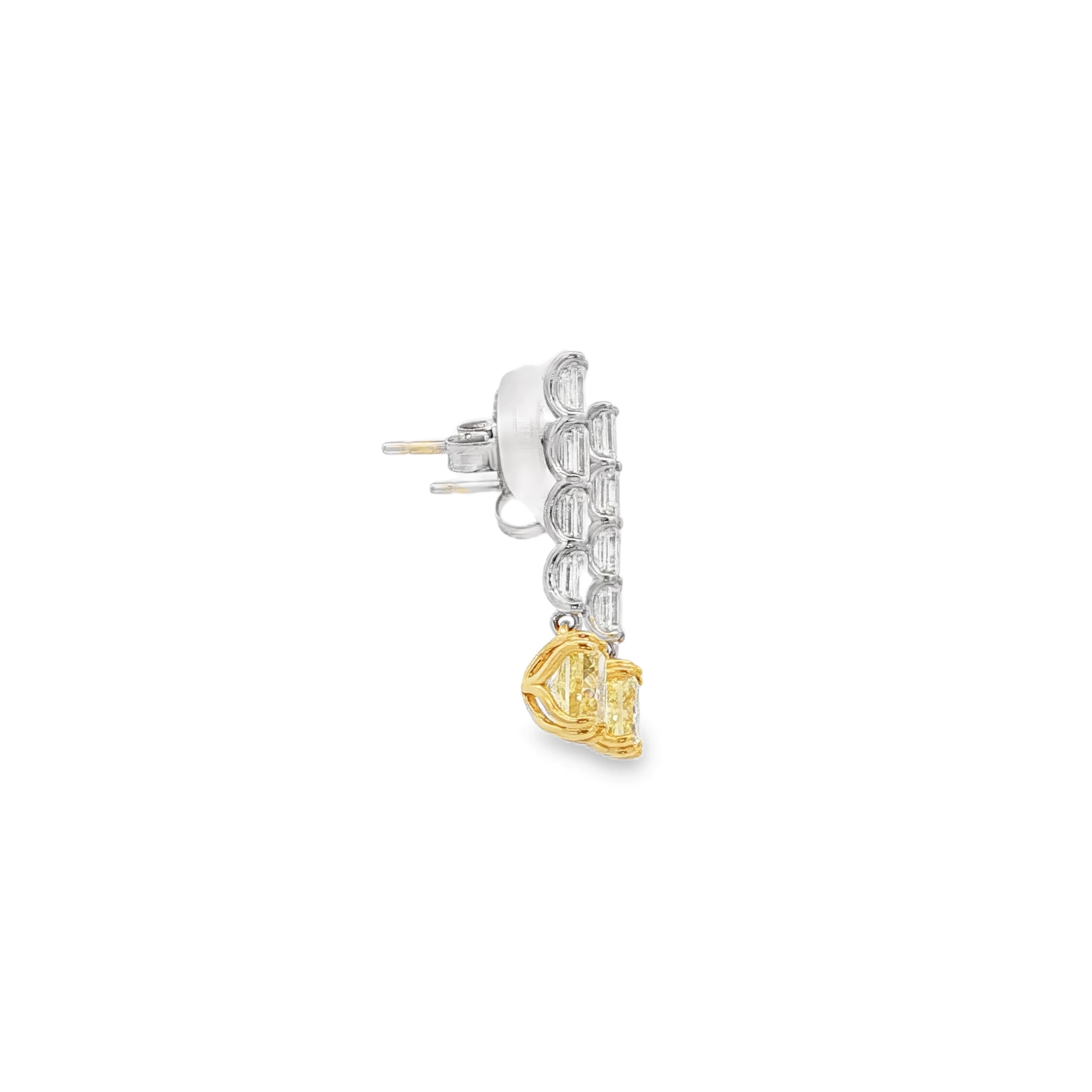 matching set of Fancy Intense Yellow Cushion Cut Diamond Dangle Earrings in White Gold