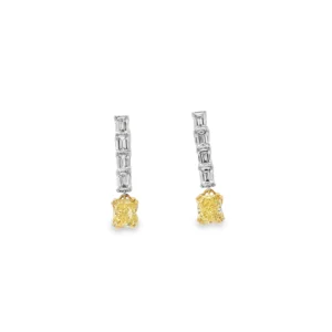 matching set of Fancy Intense Yellow Cushion Cut Diamond Dangle Earrings in White Gold