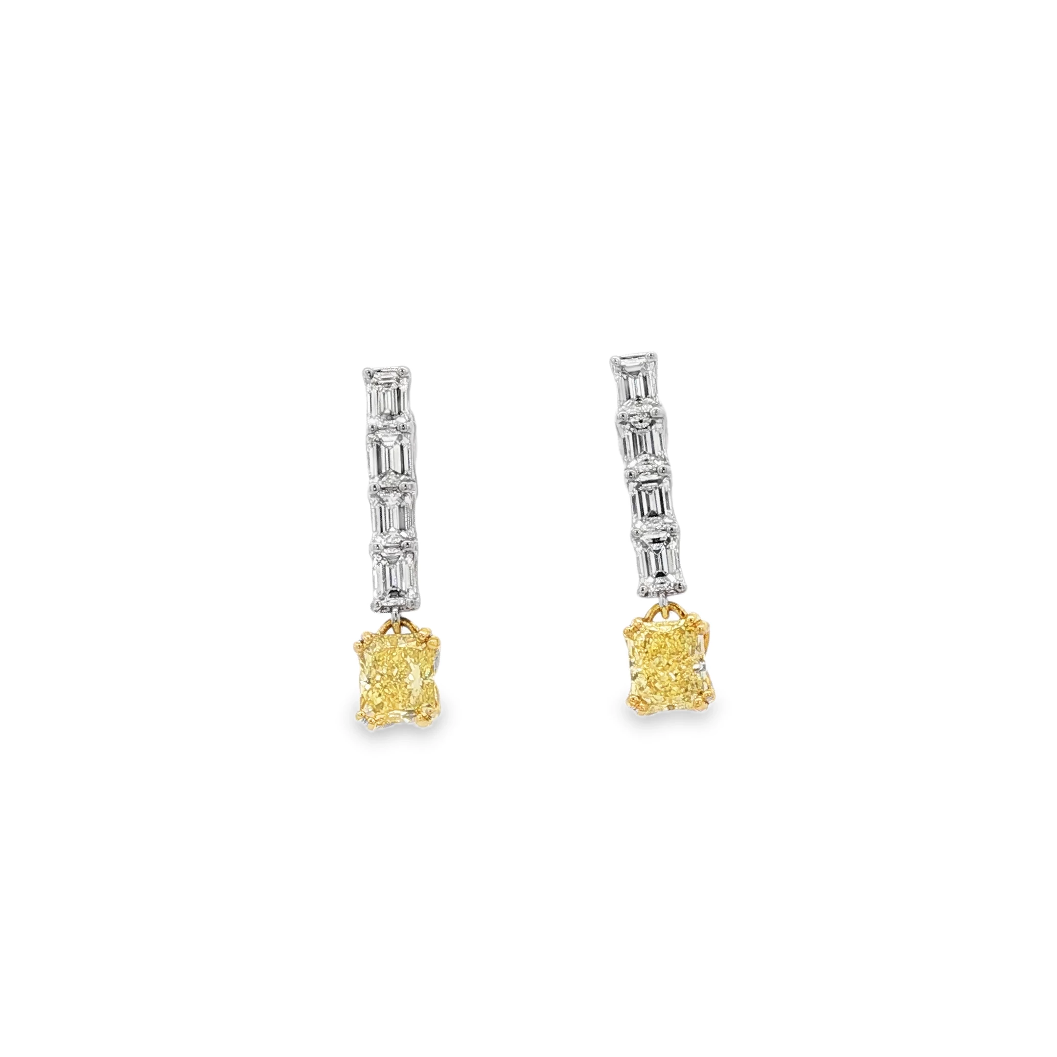 matching set of Fancy Intense Yellow Cushion Cut Diamond Dangle Earrings in White Gold