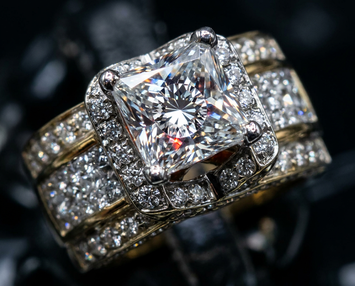 Diamond statement ring with cushion-cut center stone