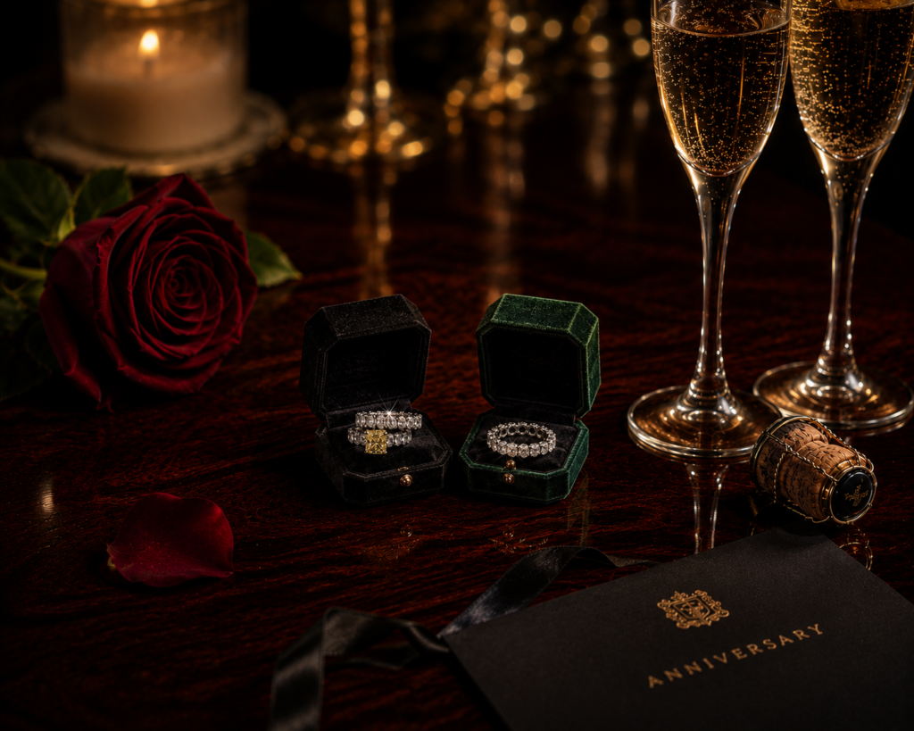 Luxury diamond anniversary rings displayed in velvet boxes with champagne
