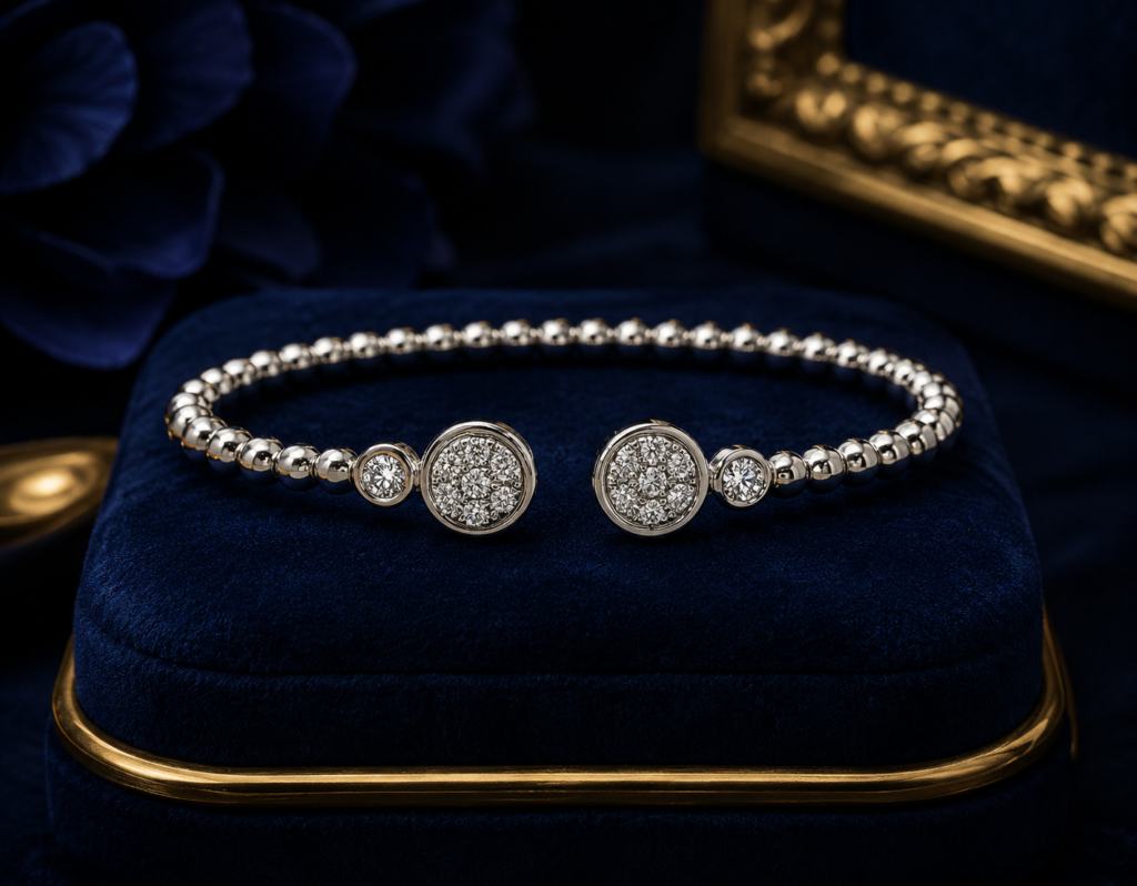 14k White Gold Bangle with Brilliant Round Diamonds. SKU DDI-219703