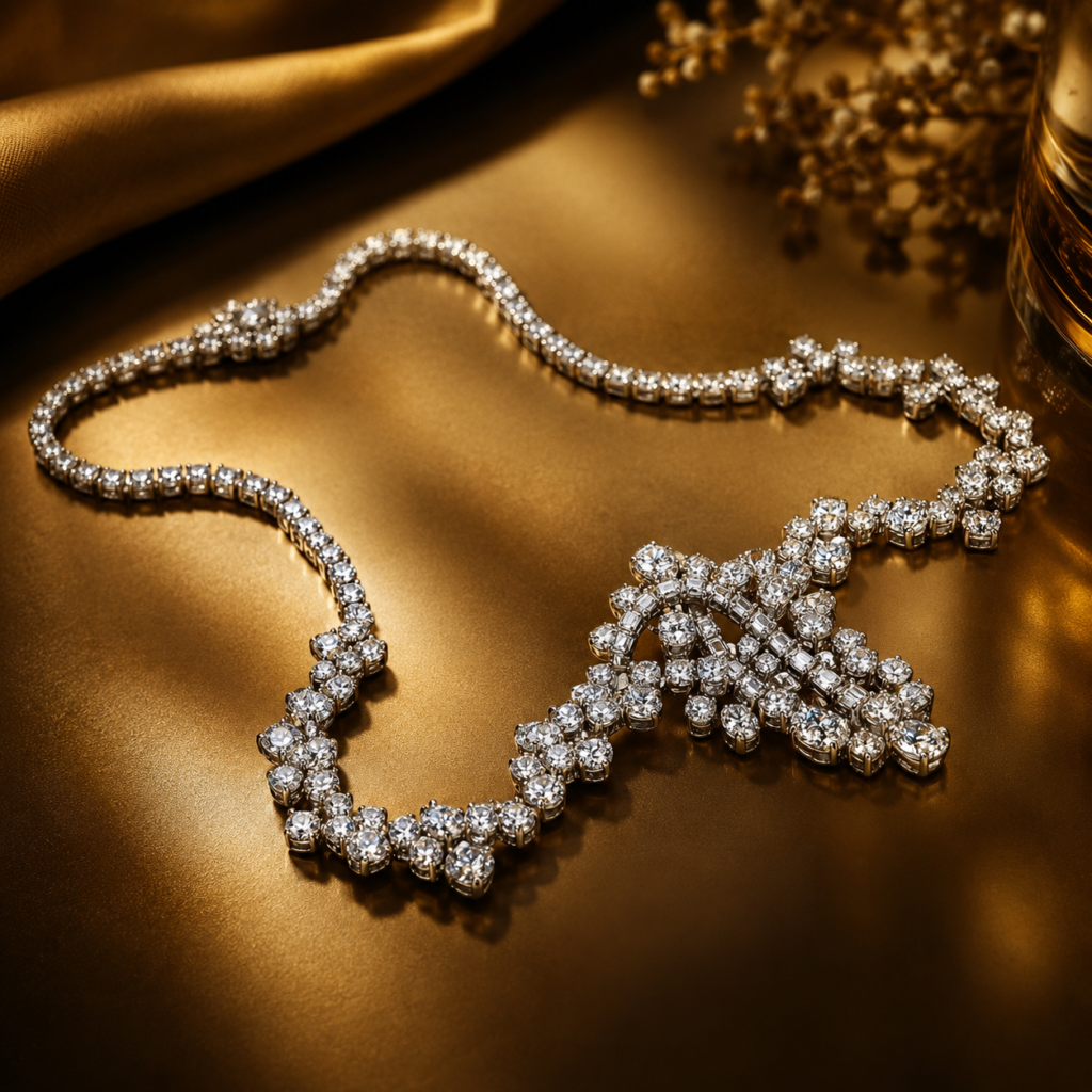 Platinum and White Gold Diamond Necklace with Round Cut Diamonds